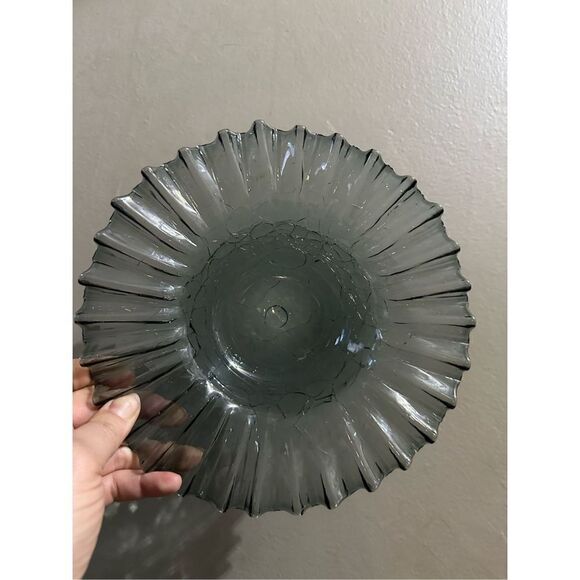 Vintage Smoky Gray Crackled Ribbon Handmade Glass Bowl 9.25” Retro MCM - Picture 1 of 9